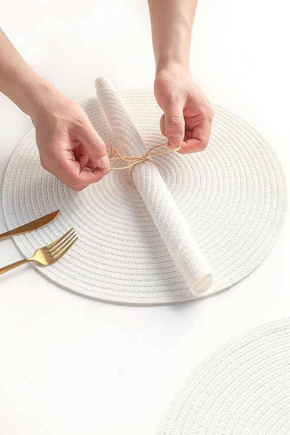 Floroom 15 Inch Round Braided Placemats Set of 6, Washable Heat Resistant Cotton Polyester Circle Place Mats for Kitchen Dining Table - White