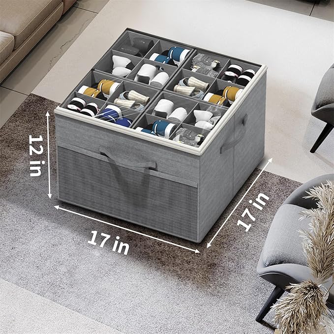 Aokeyee Shoe Organizer for Closet,2 Pack Foldable Shoe Storage Organizer Box Bin with Adjustable Dividers and Clear Cover, Fits up to 16-32 Pairs, (Grey)
