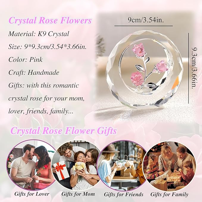 Crystal Pink Roses Bouquet Figurines, Glass Rose Flowers Romantic Gifts for Her Women - Crystal Forever Rose Flower Decor for Valentines Mothers Day Anniversary