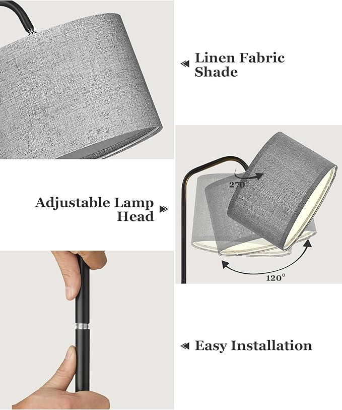 ELYONA LED Floor Lamp for Bedroom 3 Color Temperatures Modern Reading Standing lamp with Adjustable Hanging Grey Linen lampshade Tall Pole Metal Lamp with 9W Bulb Living Room Office Gray