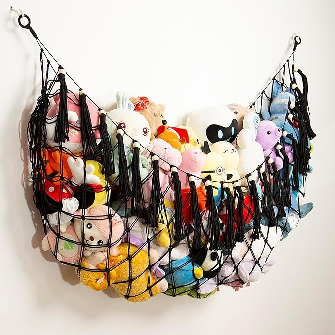 Stuffed Animal Hammock Corner Hanging Net Plush Toy Organizer Macrame Stuffed Animal Storage Display for Teddy Net Corner Toy Net for Bedroom-Black