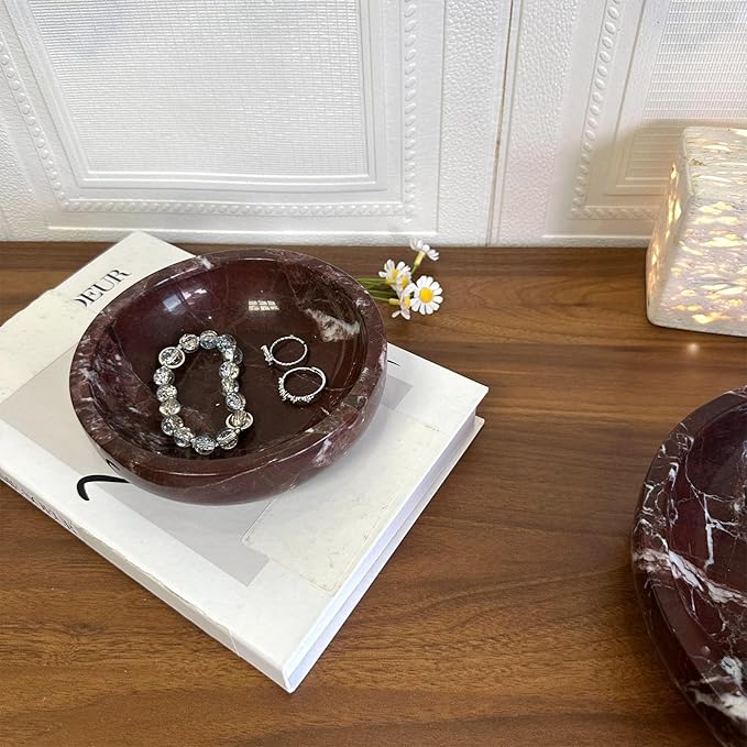 Small PurpleRed Decorative Marble Bowl, 5.9 inches,Natural Stone Round Bowl for Home Decor, Fruit, Nuts, Jewelry Tray,Coffee Tables Centerpiece, Soap Serving (PurpleRed-Small)