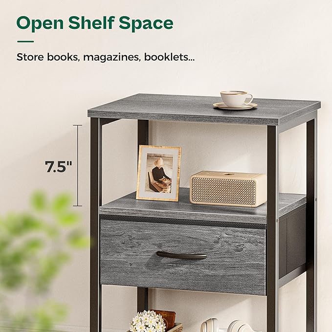 Huuger Nightstand Set of 2, Night Stand with Fabric Drawer, Mesh Shelf, Side Table with Storage, Fabric Drawer Dresser, Open Shelf, Metal Frame, Bedroom, Grey