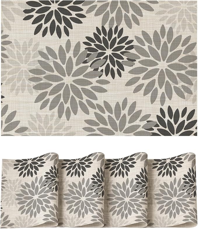 Artoid Mode Floral Vinyl Placemats Set of 4, 12x18 Inch Wipeable Non-Slip PVC Place Mats for Party Kitchen Dining Decor, Grey