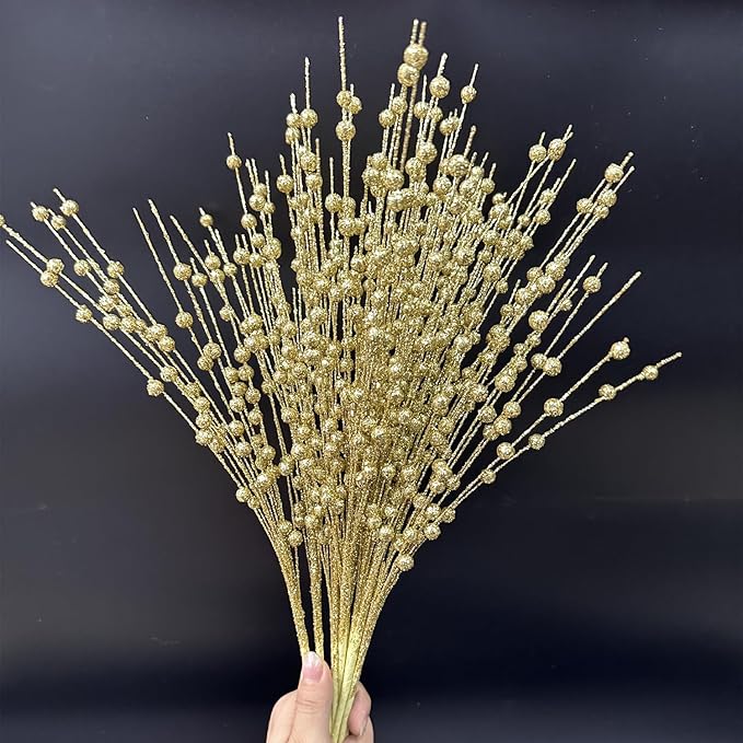 Artificial Glitter Berry Stem Ornaments, Gold Bright Berries Decorative Bead Sticks, Picks Branches Glittery Twigs for Home Christmas Tree Vase Holiday Wedding Party Decor - 17 Inch Golden 10 Pack