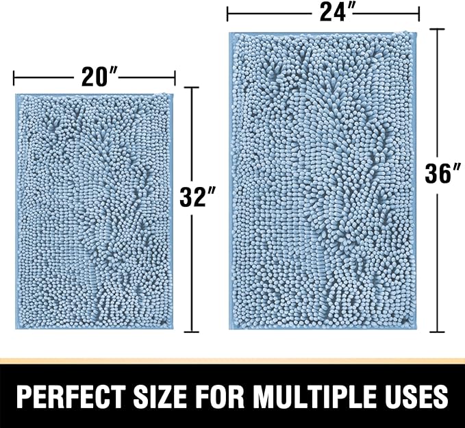 H.VERSAILTEX Bath Mat, Non Slip Luxury Chenille Bathroom Rugs, Extra Soft Absorbent Shaggy Bath Mat Rugs, Washable Fast Dry, 2 Piece (Cool Blue, 24" x 36"/20" x 32")
