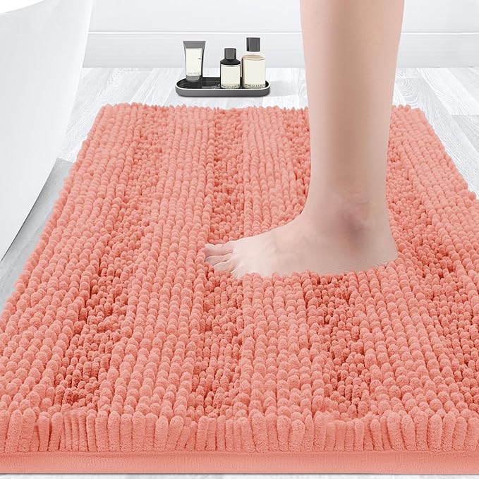 ACCUMTEK Striped Coral Bathroom Rug Mat 36"x24" Ultra Soft, Non Slip Chenille Bath Rugs, Absorbent Plush Shaggy Bath Mats for Bathroom, Bedroom, Kitchen, Shower, Tub