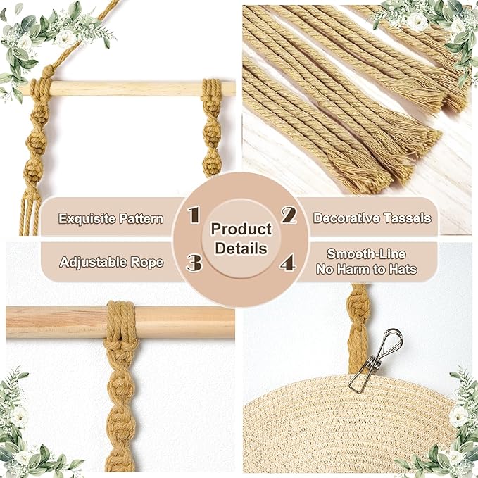 Hat Organizer for Wall Mount 15x53in Boho Hat hanger with 10 Clips Macrame Hat Rack for Wide Brimmed Hat Display Women Hat Holder Western Decor for Fedora Cowboy Beach Hat Brown