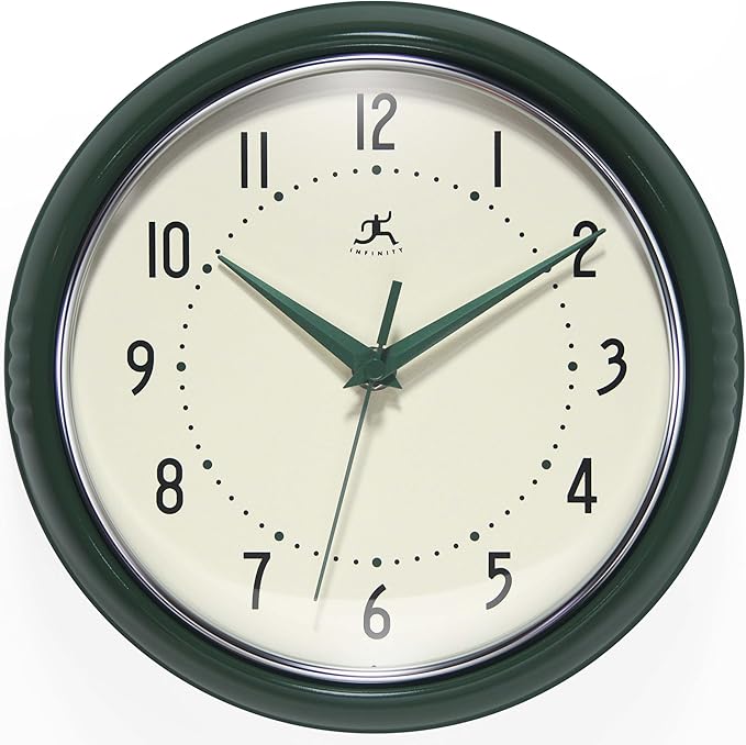 Infinity Instruments LTD. Retro 9 inch Silent Sweep Non-Ticking Mid Century Modern Kitchen Diner Wall Clock Quartz Movement Retro Wall Clock Decorative (Hunter Green)