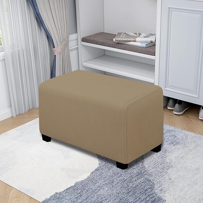 Easy-Going Stretch Ottoman Cover Folding Storage Stool Furniture Protector Soft Rectangle slipcover with Elastic Bottom(Ottoman Small,Tan)