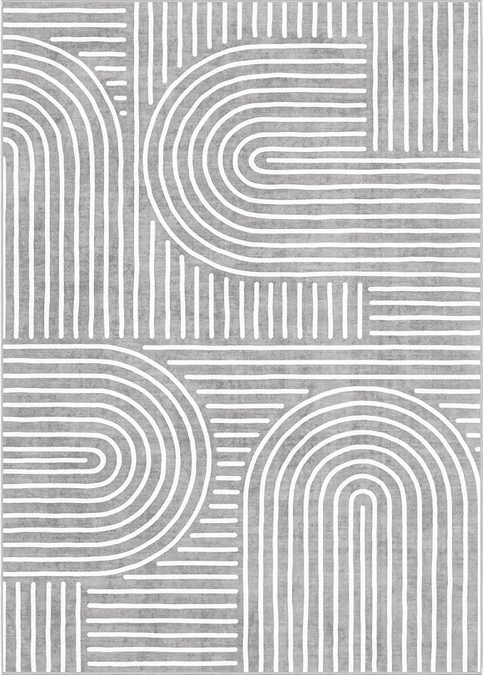 Washable Area Rug 5x7 - Boho Living Room Rug Stain Resistant Soft Bedroom Rug Ultra-Thin Grey Modern Abstract Rainbow Dining Room Rugs Indoor Carpet for Living Room Nursery Room
