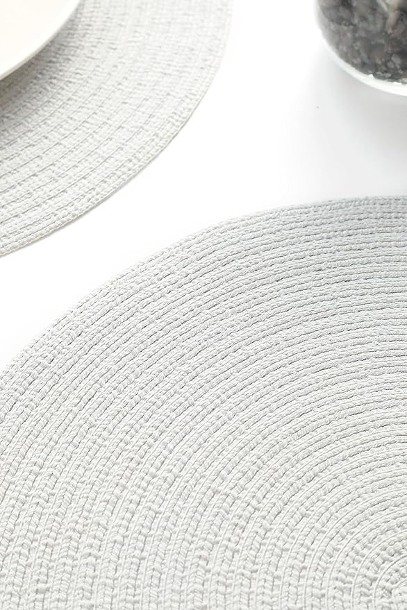 Floroom 15 Inch Round Braided Placemats Set of 4, Washable Heat Resistant Cotton Polyester Circle Place Mats for Kitchen Dining Table - Silver Grey