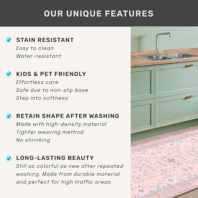Nursery Area Rug 4x6 - Pink Rugs for Girls Bedroom, Living Room - Washable Low Pile Non-Slip Charming Boho Vintage Traditional Oushak Design, Perfect for Kids Rooms