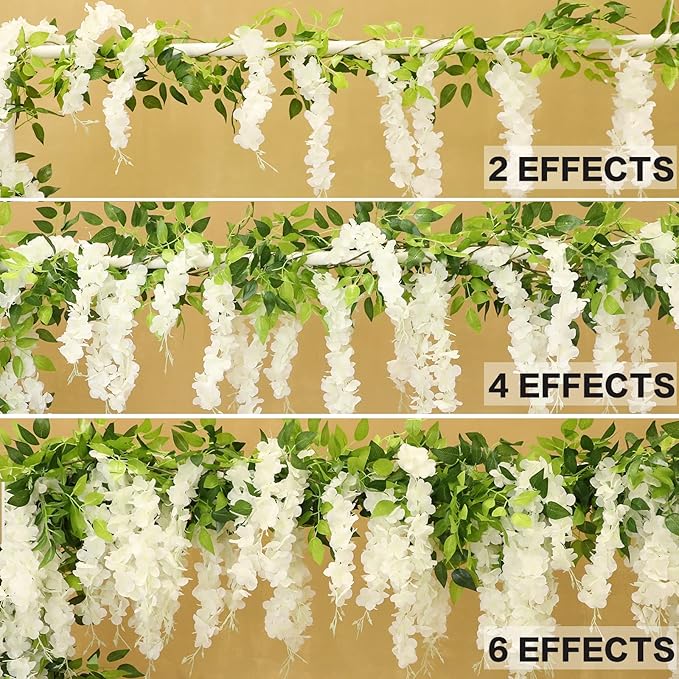 Wisteria Artificial Flowers Garland, 4Pcs Total 28.8ft Silk Faux Wisteria Vine Kit, Hanging Flower Plant for House Outdoor Garden Ceremony Outside Wedding Arch Floral Decor (4, White)