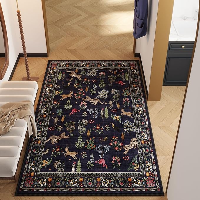 Area Rug 4x6 Rug Washable Boho Rugs Non Slip Low Pile Floral Animal Small Carpet for Bedroom, Bedside, Kids Room, Office, Dining Room (Blue)