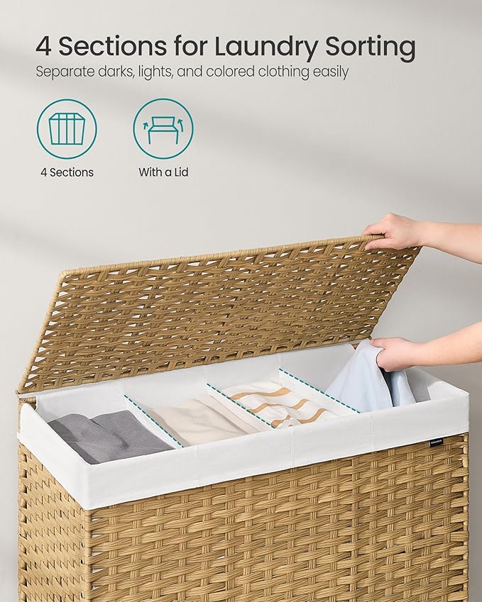 SONGMICS Laundry Hamper with Lid, 55.4 Gallons (210 L), Rolling Laundry Basket with Wheels, 4-Section Synthetic Rattan, Removable Liner, Bedroom, 33.9 x 15.7 x 26 Inches, Natural Color ULCB460Y01