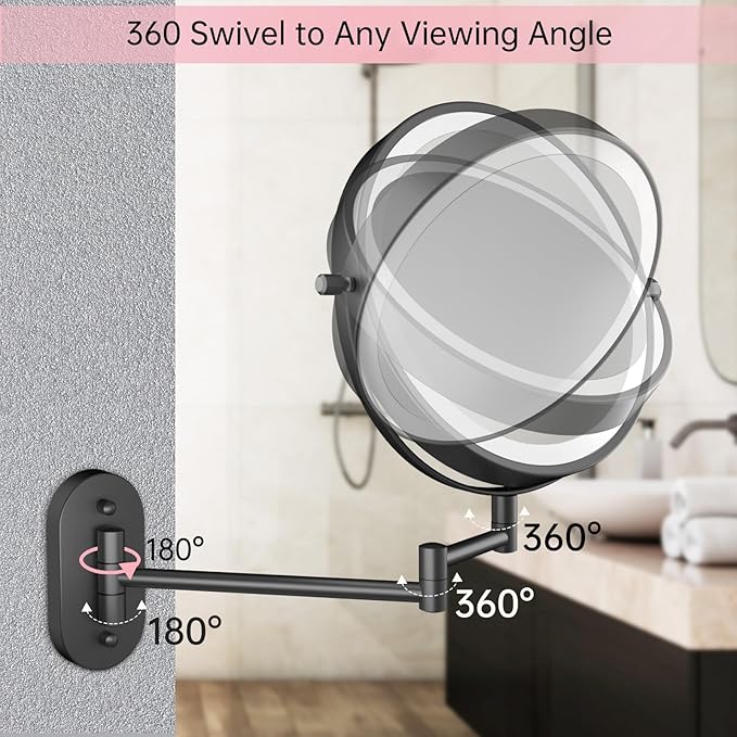 FUNTOUCH Rechargeable Wall Mounted Lighted Makeup Vanity Mirror 8 Inch Double Sided 1X 10X Magnifying Bathroom Mirror, 3 Color Lighting, Touch Dimming, Extended Arm 360 Rotation Light up Mirror Black