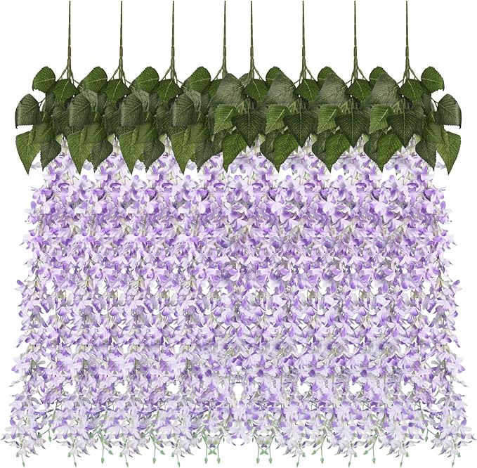 Artificial Lilac Flowers Garland 8Pcs-24Branches 33.5in Fake Syringa Wisteria Vines Faux Silk Lilac Hanging Floral Decoration for Indoor Outdoor Wedding Arch Birthday Party Garden Balcony (Purple)