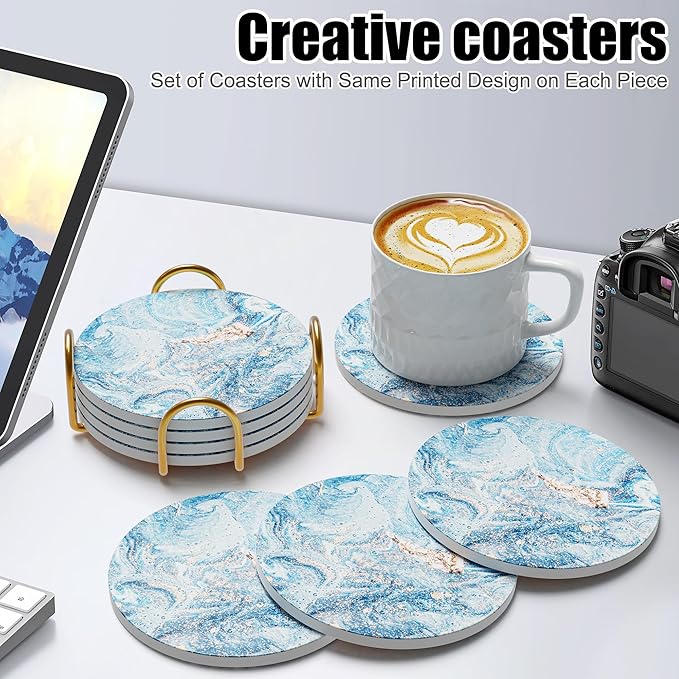 Coasters for Drinks Set of 4, Absorbent Starry Sky Marble with Metal Golden Holder, Ceramic Coaster Set Cup Mat for Home Decor, Bar, Kitchen, Party
