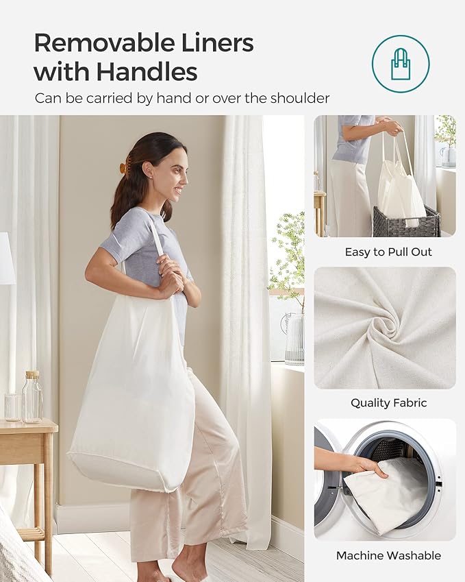 SONGMICS Laundry Hamper with Lid, 110L Clothes Hamper with 2 Removable Liner Bags, 6 Mesh Bags, Wicker Laundry Basket, Double Laundry Hamper for Bathroom, 13 x 22.4 x 23.6 Inches, Gray ULCB52WG