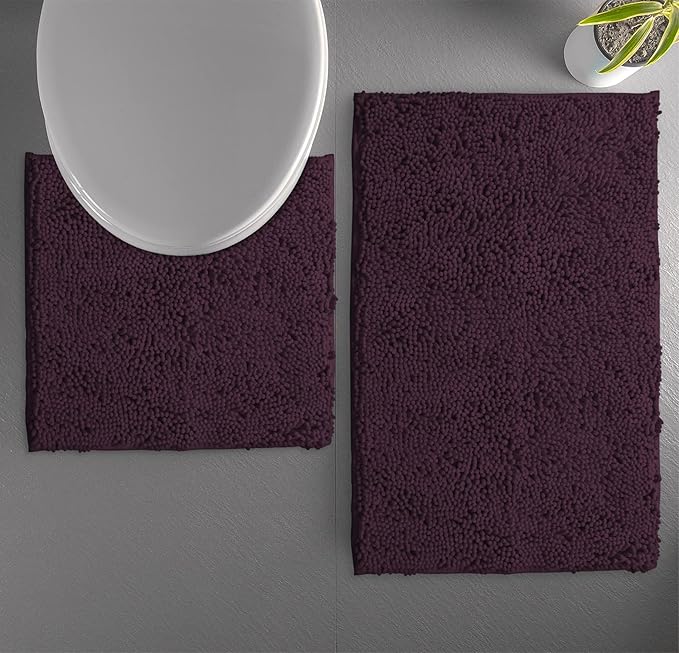 LuxUrux Bathroom Rugs Sets 2 Piece: Quick Dry, Soft Plush Anti-Slip, Super Absorbent. Includes Rectangular (31x20 inches) & U-Shaped Toilet Mat (20x20 inches) | Plum