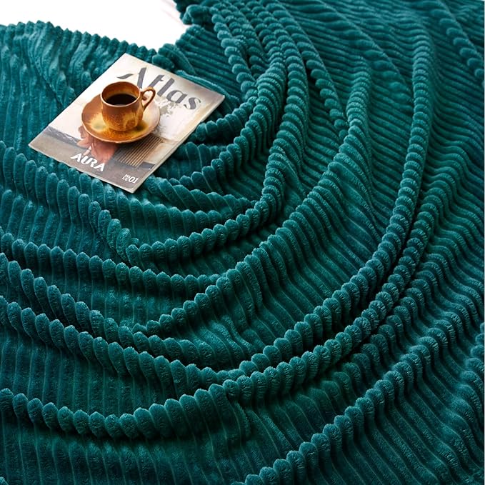 Vessia Flannel Fleece Dark Green Throw Blanket(50X70 Inch), 300GSM Warm Soft Comfy Forest Green Stripe Bed Blanket, Cozy Microfiber Ribbed Sofa Throw for All Season