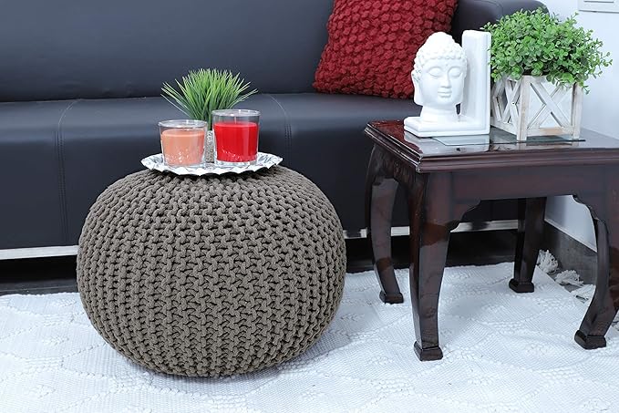 FRELISH DECOR Round Pouf Ottoman Hand Knitted 100% Cotton Pouf - Foot Stool - Knitted Bean Bag - Floor Chair for Living Room Bedroom - Foot Rest for Couch (20 Diameter x 14 Height) - Beige