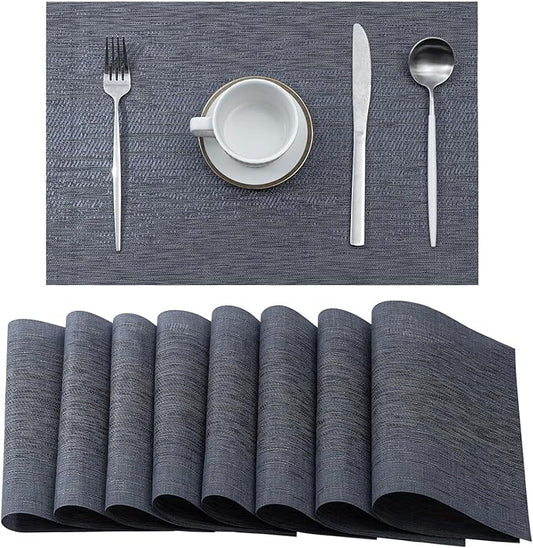 Leetaltree Denim Blue Placemats Set of 8 - Heat Resistant Non-Slip Place mats for Dining Table, Washable Durable PVC Vinyl Woven Table Mats(Denim Blue, 8)