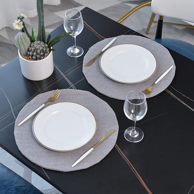 Set of 4 Round Placemat 15 Inch Soft Linen eco-Friendly Fabric Handcrafted Machine Washable Indoor & Outdoor Tablemat Grey