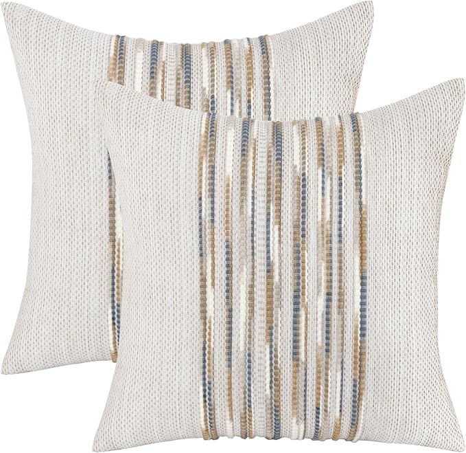 Tosleo Decorative Throw Pillow Covers 18x18 inch Set of 2 Boho Chenille Tufted Pillow Cover Textured Pillow Covers Striped Pillow Cases Accent Pillow Cases Farmhouse Cushion Case,Yellow and Blue