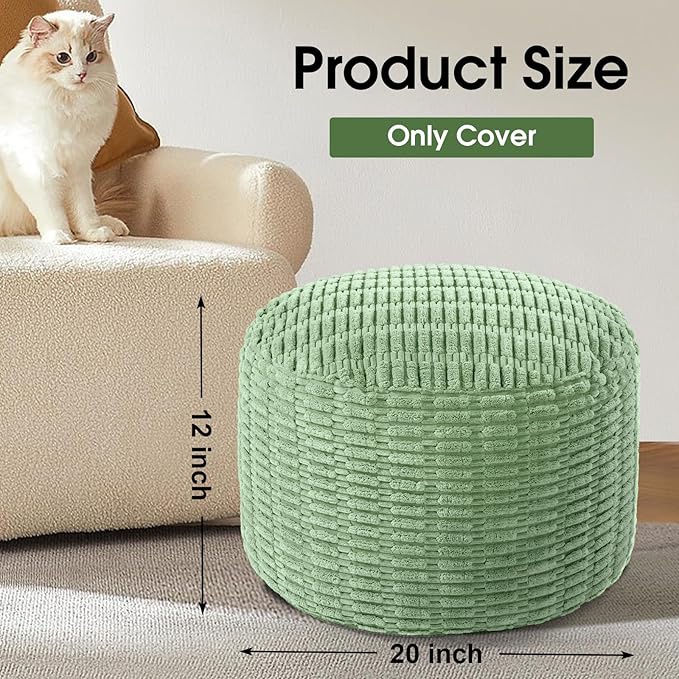HOMBYS Unstuffed Ottoman Pouf Cover,Round Faux Fur Foot Stool, Fuzzy Chair, Floor Bean Bag(No Filler),Foot Rest with Storage for Living Room, Bedroom, Office, Striped Tufted (Sage Green)