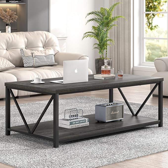 FOLUBAN Industrial Coffee Table with Storage Shelf, Modern Rustic Wooden and Metal Rectangle Center Table for Living Room, Dark Gray, 47 Inch