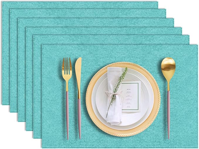 Cloth Placemats Set of 6, Cotton Linen Blend Machine Washable Durable Linen Table Mats, Heat Resistant Placemats Wrinkle Free Place Mats for Dining Table, Easy to Clean (Teal, 6)