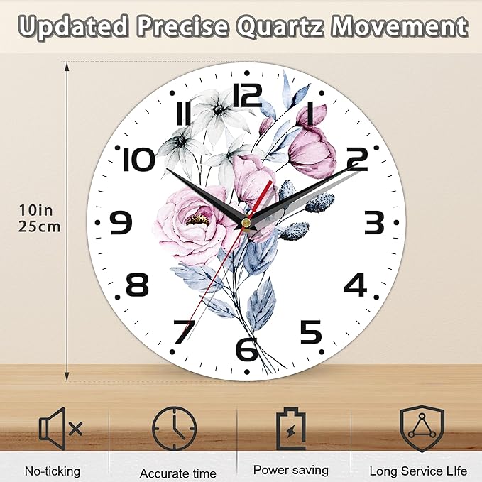Clock for Living Room, Watercolor Floral Wall Clock, Contemporary Home Decor Easy to Read Wall Clock for Living Room, Bedroom, Bathroom and Kitchen, 10 Inch