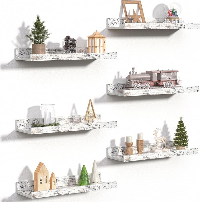 upsimples Floating Shelves for Wall, Wall Shelves for Decor Storage Set of 6, Wall Mounted Wood Shelves for Bedroom, Living Room, Bathroom, Kitchen, Picture Ledge Shelves, Rustic White