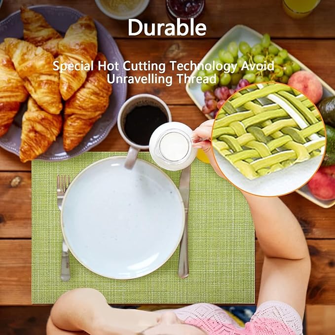 DACHUI Placemats Set of 4, Linen Look Woven Place Mats, Water Resistant, Heat Resistant, Washable, Durable Table Mats (Green)