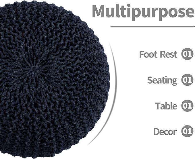 HOMBYS Unstuffed Ottoman Pouf Cover, 100% Cotton Handmade Knitted Ottoman Pouf Cover Round Foot Stool, Floor Bean Bag Chair, Foot Rest Storage for Living Room Bedroom, Navy Blue(Cover ONLY NO Filler)
