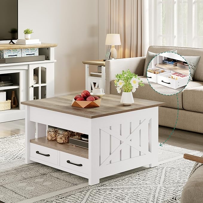 YITAHOME Square Lift Top Coffee Tables for Living Room, Farmhouse Coffee Table with Storage, Small Coffee Tables with 2 Drawers Lifting Top, Wooden Center Table for Home, Grey Wash