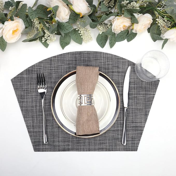 SHACOS Wedge Placemats Set of 4 Woven Vinyl Small Round Table Placemats Wipe Clean Round Table Mats Placement Mat Indoor Outdoor, Dark Gray