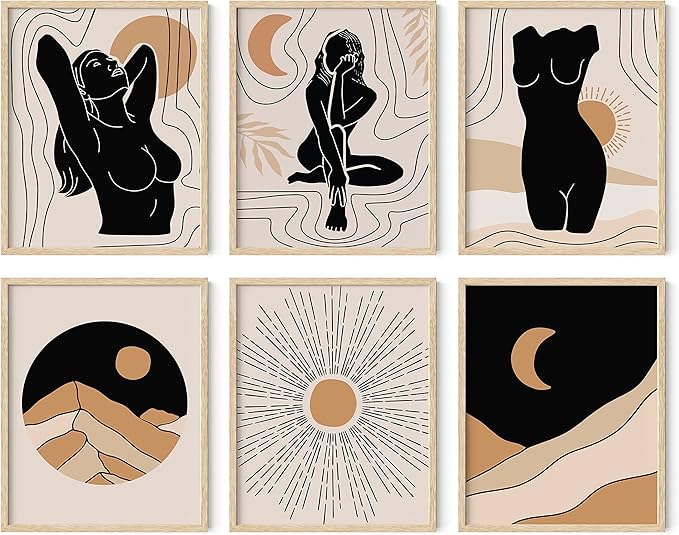 HAUS AND HUES Boho Prints Neutral Wall Art - Set of 6 Boho Art Prints Mid Century Modern Wall Art | Aesthetic Posters for Wall Bohemian Wall Decor (Beige Frame, 8x10)