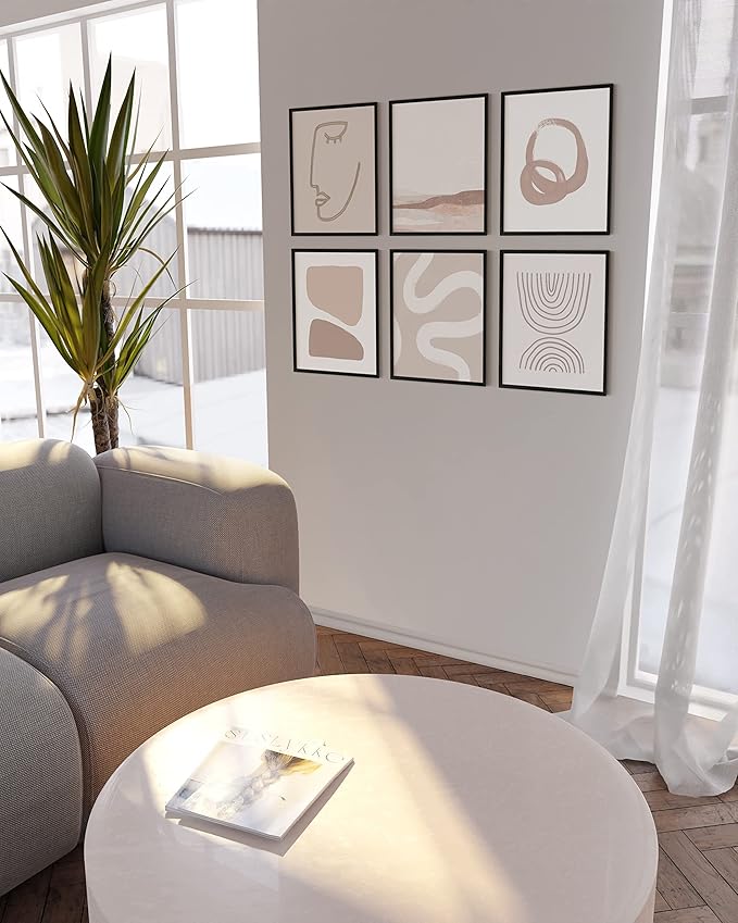 HAUS AND HUES Frameable Beige Boho Art Wall Decor - Set of 6 Neutral Mid Century Modern Wall Art, Minimalist Wall Art, Neutral Wall Decor, Beige Boho Posters for Room Aesthetic (Black Frame, 11x14)