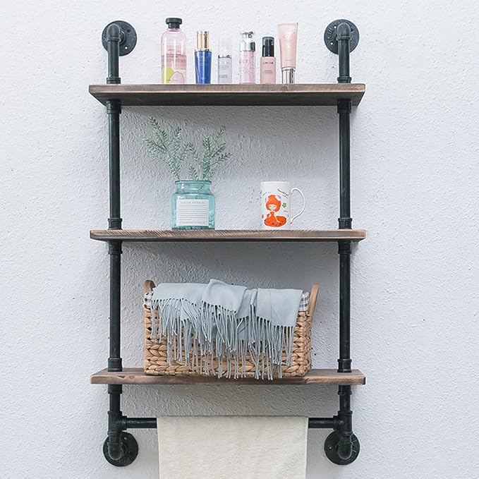 Industrial Pipe Shelf,Rustic Wall Shelf with Towel Bar,24" Towel Racks for Bathroom,3 Tiered Pipe Shelves Wood Shelf Shelving