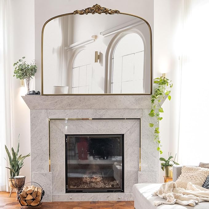 Vintage Gold Ornate Baroque Mirror - 36"X30" Arched Antique Brass Mirror with Full Metal Frame - Ideal for Entryway, Fireplace, Living Room, Hallway, Bathroom