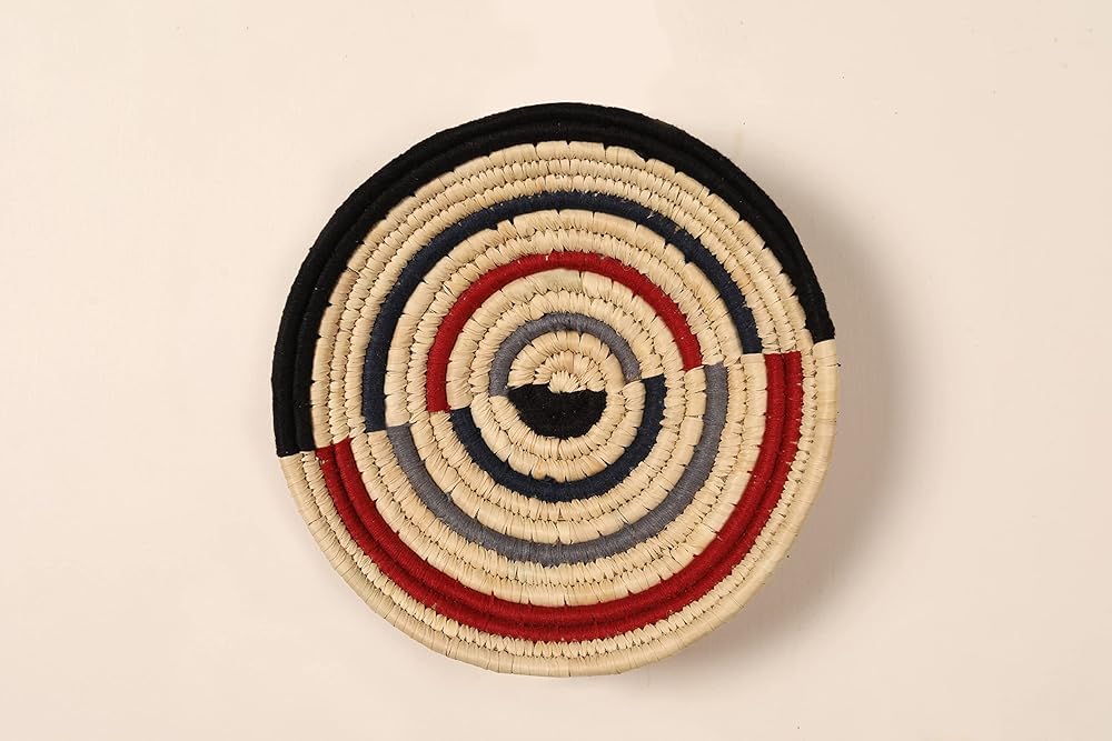 Set of 3 Round Boho Hanging Wall Basket Home Christmas Decor for Bedroom, Kitchen, Farmhouse Handmade Decorative Unique Indian Wall Decor Woven Baskets Decorations (Red Black, Contemporary)