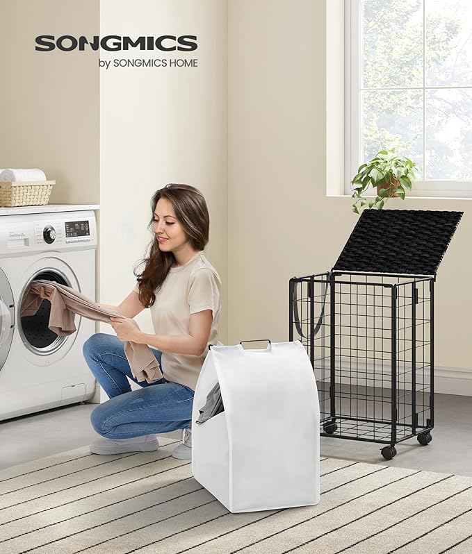 SONGMICS Laundry Hamper, 90L Laundry Basket with Lid, Clothes Hamper with Wheels, Collapsible Removable Liner Bag, Iron-Made Laundry Sorter, Ink Black and Cloud White ULCB290B12