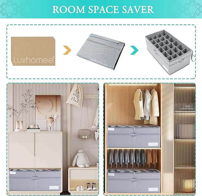 Shoe Organizer for Closet, Fits 24 Pairs, Large Shoe Box Storage Containers, Clear Foldable Shoe Storage Bins w/Bottom Support, Space Saving Closet Shoes Holder w/Reinforced Handles, Gray