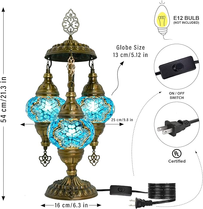 mozaist Moroccan Handmade Mosaic Table Lamp, Turkish Vintage Boho Style Desk Light, 3 Globe Bedside Country Décor for Home Lighting, Rural Authentic Unique Gift with US Plug & E12 Socket (Sea Blue)