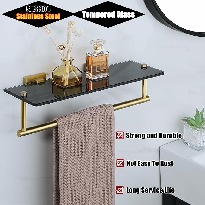 Alise Bathroom Shelves Glass Shelf with Bar,Wall Mount Floating Shelves for Bathroom,1 Tier Tempered Glass Holder Storage Organizer,SUS304 Stainless Steel Gold and Black
