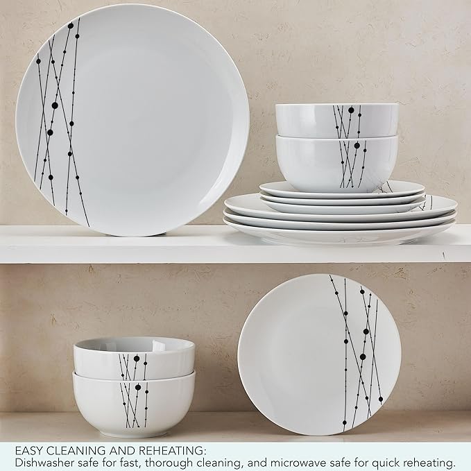 Studio Nova Linear Symphony 12 Piece Dinnerware Plate Bowl Set, Service for 4