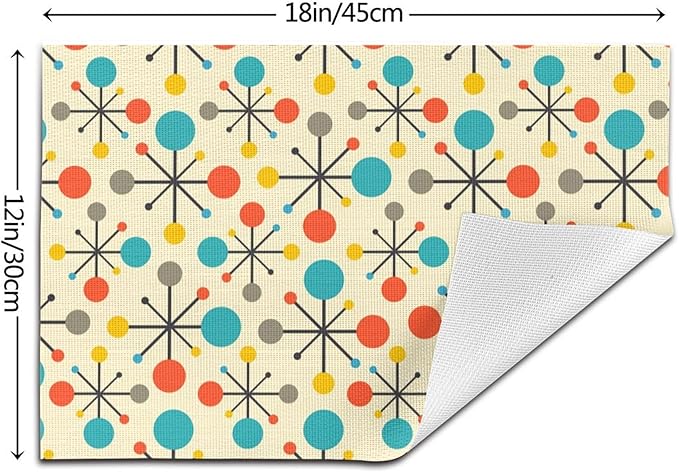 Mid Century Fifties Modern Atomic Retro Placemats Set of 4 Yellow Kitchen Table Mats for Dining Farmhouse Holiday Home Decor Linen Washable Place Mats 12"x18"